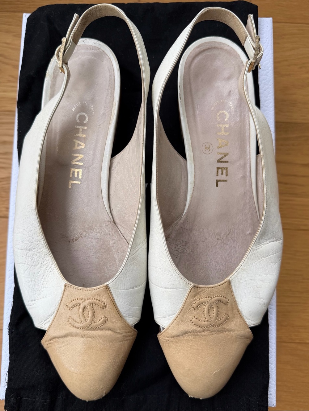 CHANEL Two-Tone Slingback Flats in White and Beige - Size 38